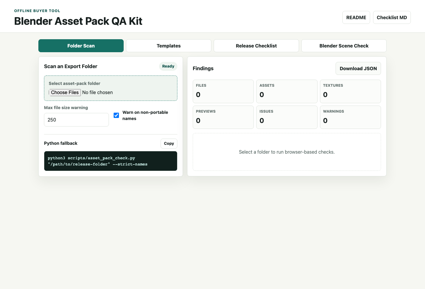 Folder scan tab ready to select an asset-pack folder