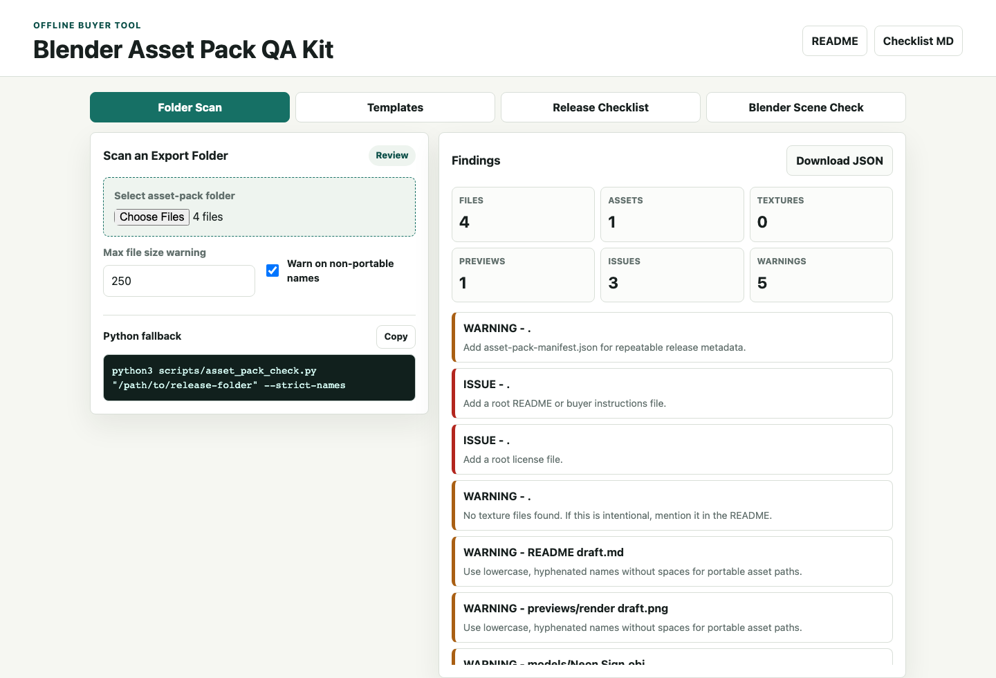 Blender Asset Pack QA Kit browser UI showing folder scan findings for a sample asset pack