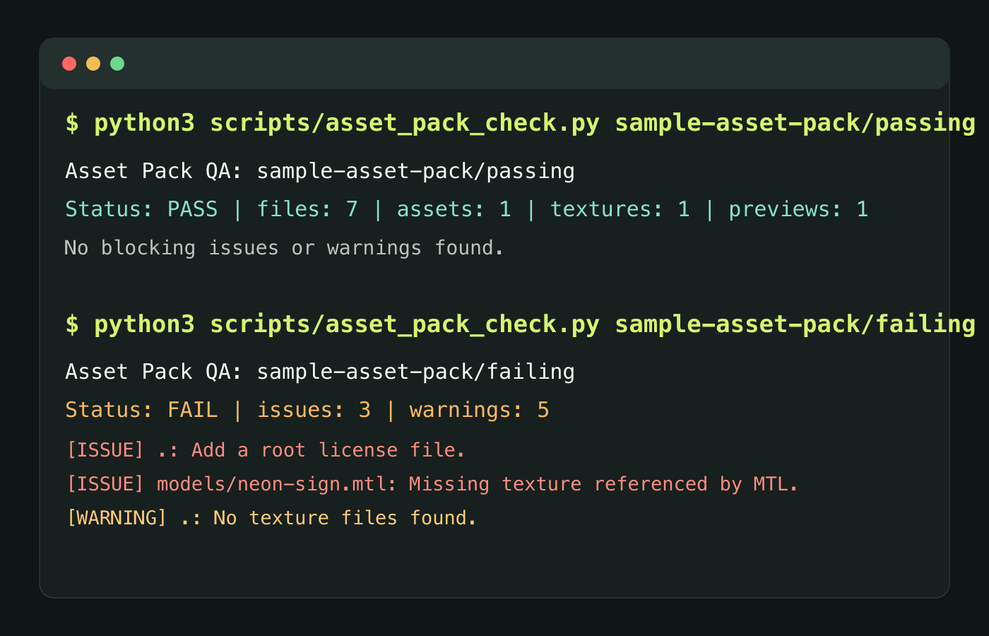 Blender Asset Pack QA Kit terminal report showing passing and failing sample asset pack checks