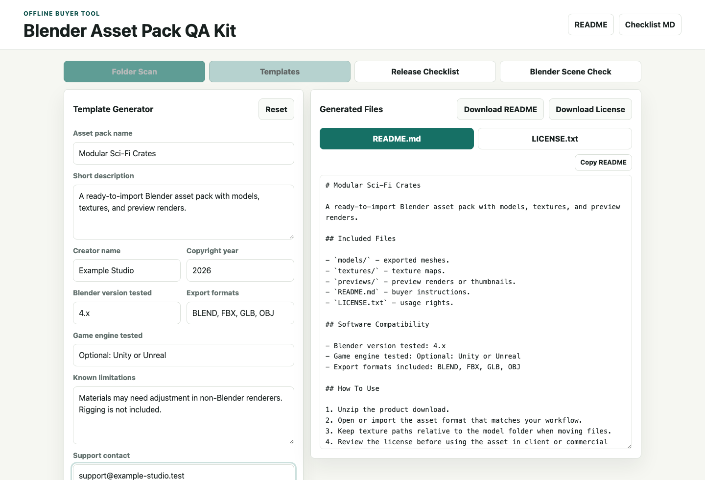 Blender Asset Pack QA Kit template generator with README and license output
