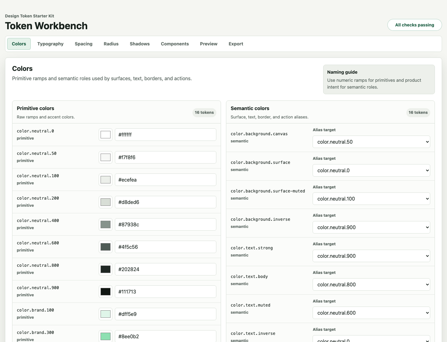 Design Token Starter Kit colour workbench with editable swatches and linked style choices