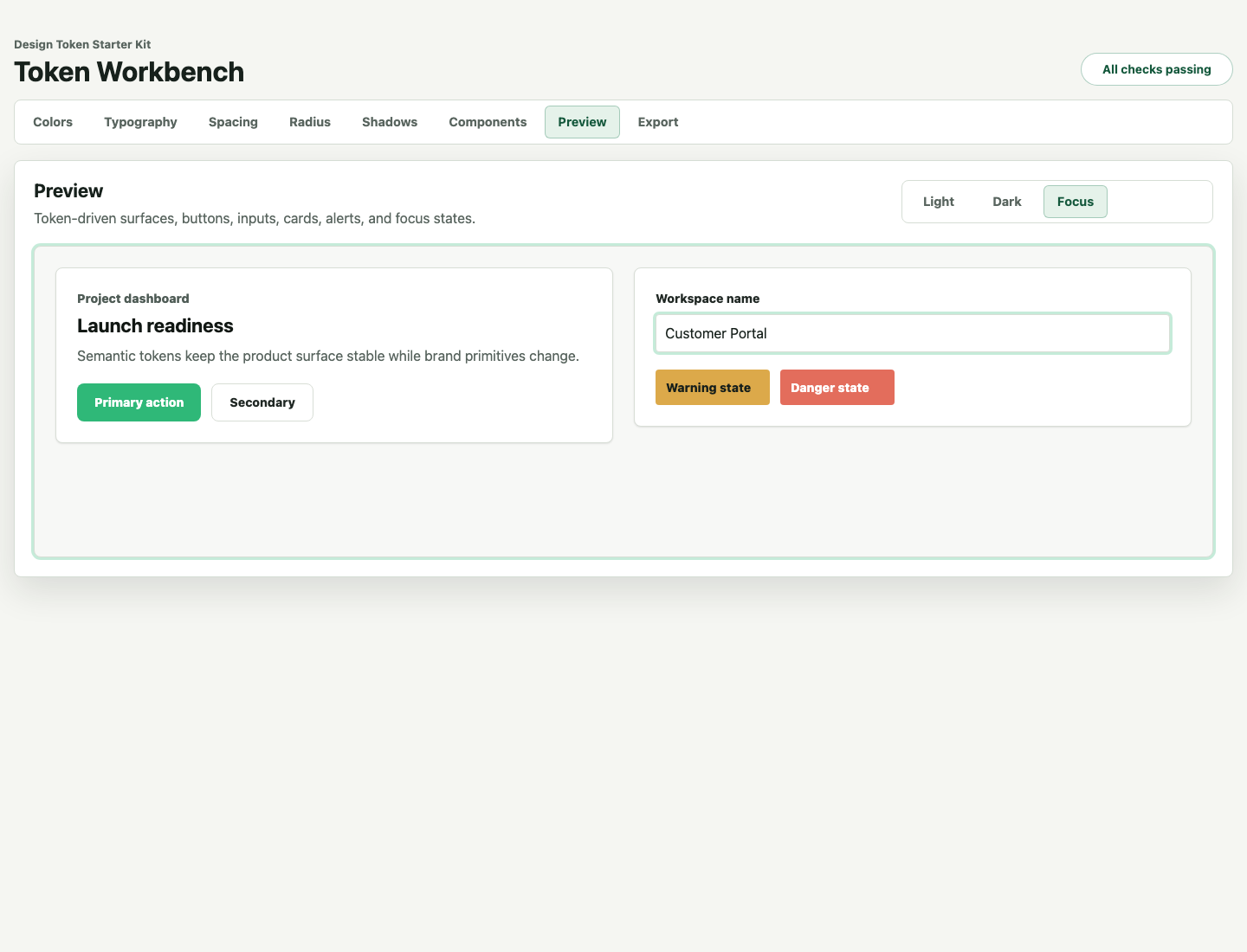 Live preview showing buttons, form fields, alerts, and focus states